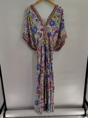 Fashion Fuse Maxi Dress Empire Waist Blue &Purple Peacock Print Boho Whimsy Sz L